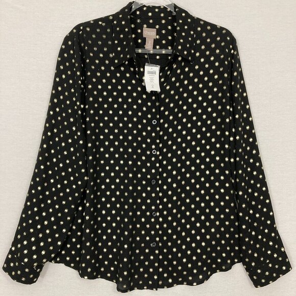 New Chico's Black Gold Glam Polka Dot Soft Flowy Button Down Large/2 Preppy - Picture 1 of 10